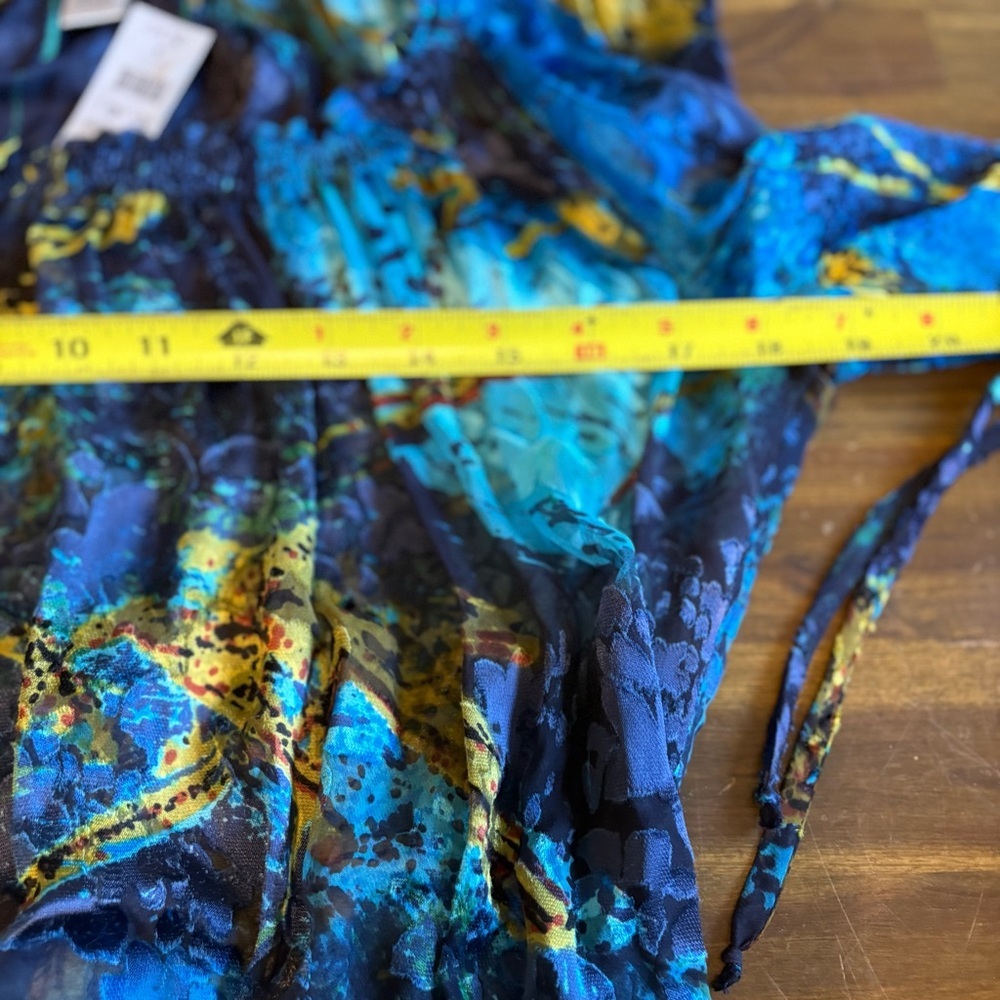 Cache Silk Blend Blouse Blue Gold Marble Ruffle Whimsical Flowy Boho Celestial S - Picture 8 of 8